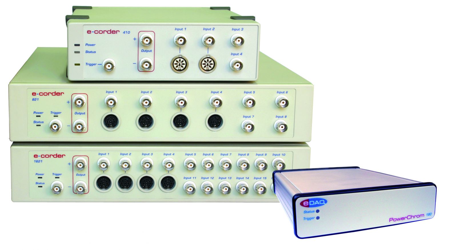 2, 4, 8 and 16 -channel recorders: e-corder 210, e-corder 410, e-corder 821, and e-corder 1621
